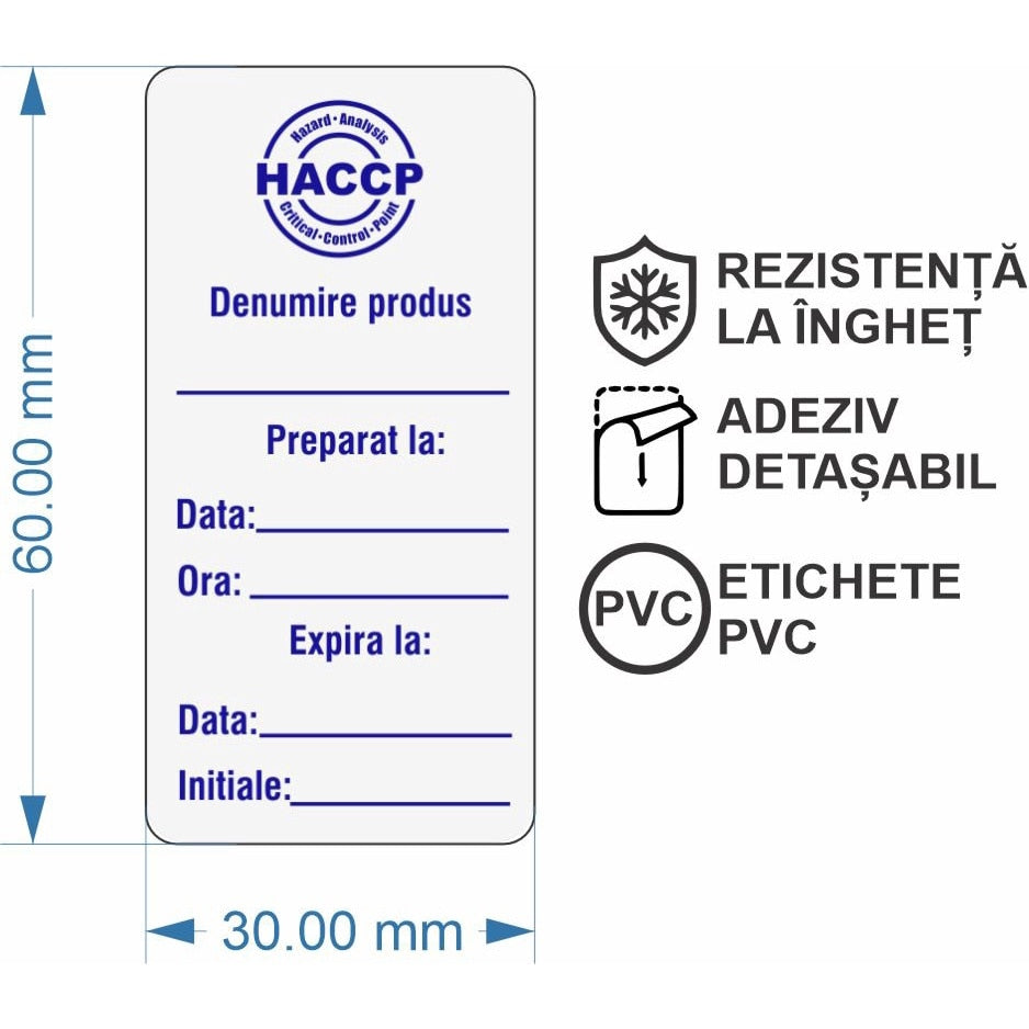 Set 500 Etichete HACCP "Restaurante si Industria Alimentara" — 3×6cm (removable)