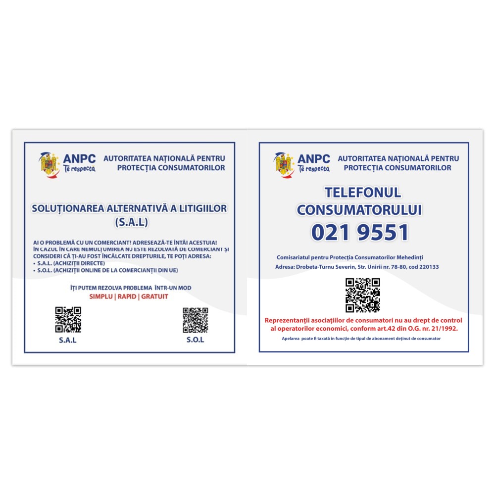Placuta Obligatorie Combinata "SAL si Telefonul Consumatorului" — 40×20 cm - Mehedinti