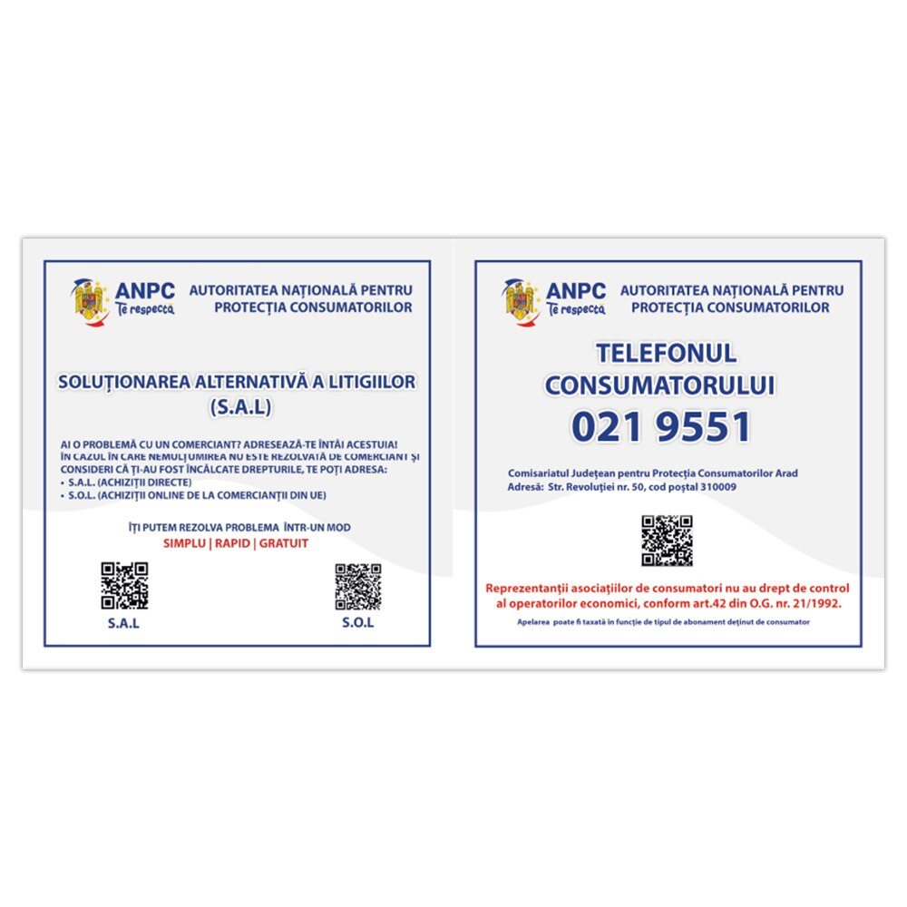 Placuta Obligatorie Combinata "SAL si Telefonul Consumatorului" — 40×20 cm - Arad