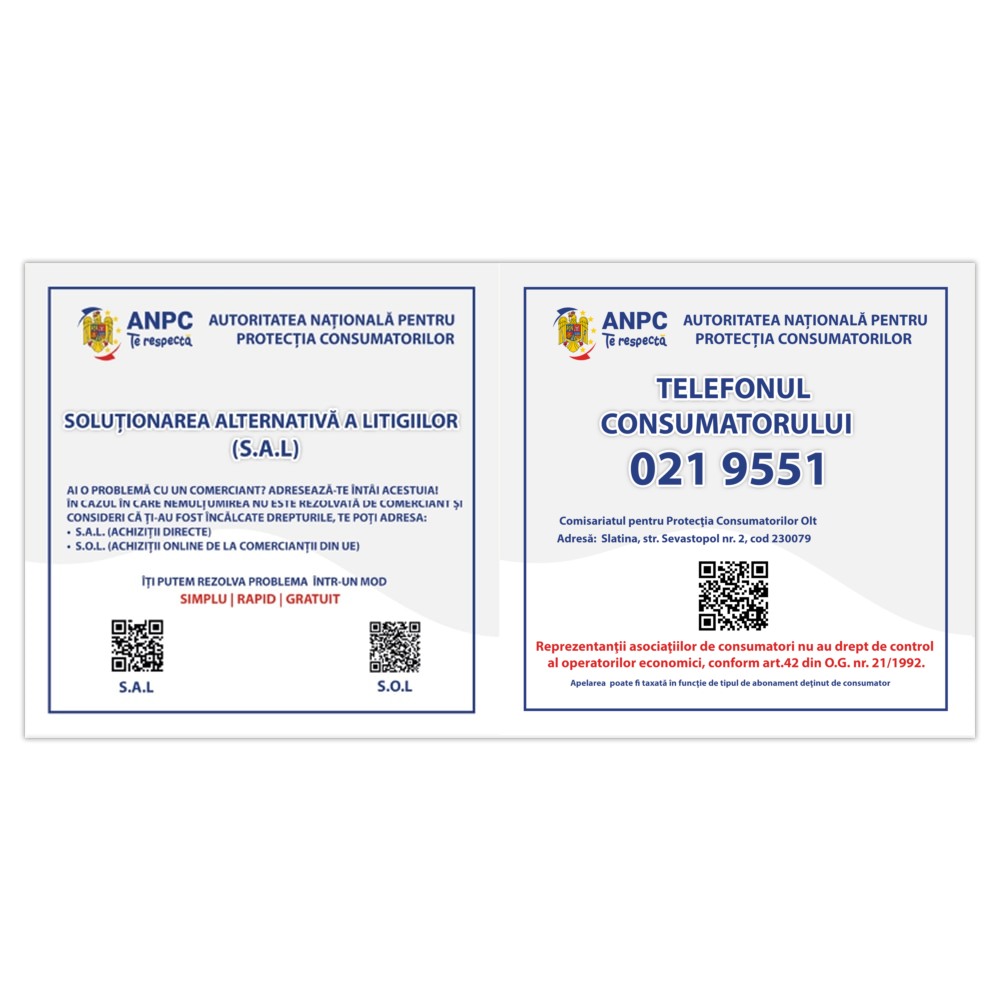 Placuta Obligatorie Combinata "SAL si Telefonul Consumatorului" — 40×20 cm - Olt