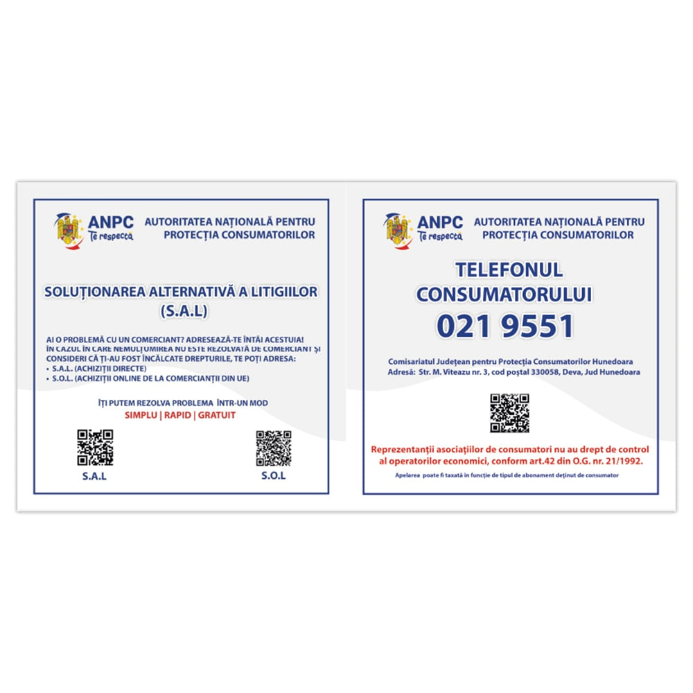 Placuta Obligatorie Combinata "SAL si Telefonul Consumatorului" — 40×20 cm - Hunedoara