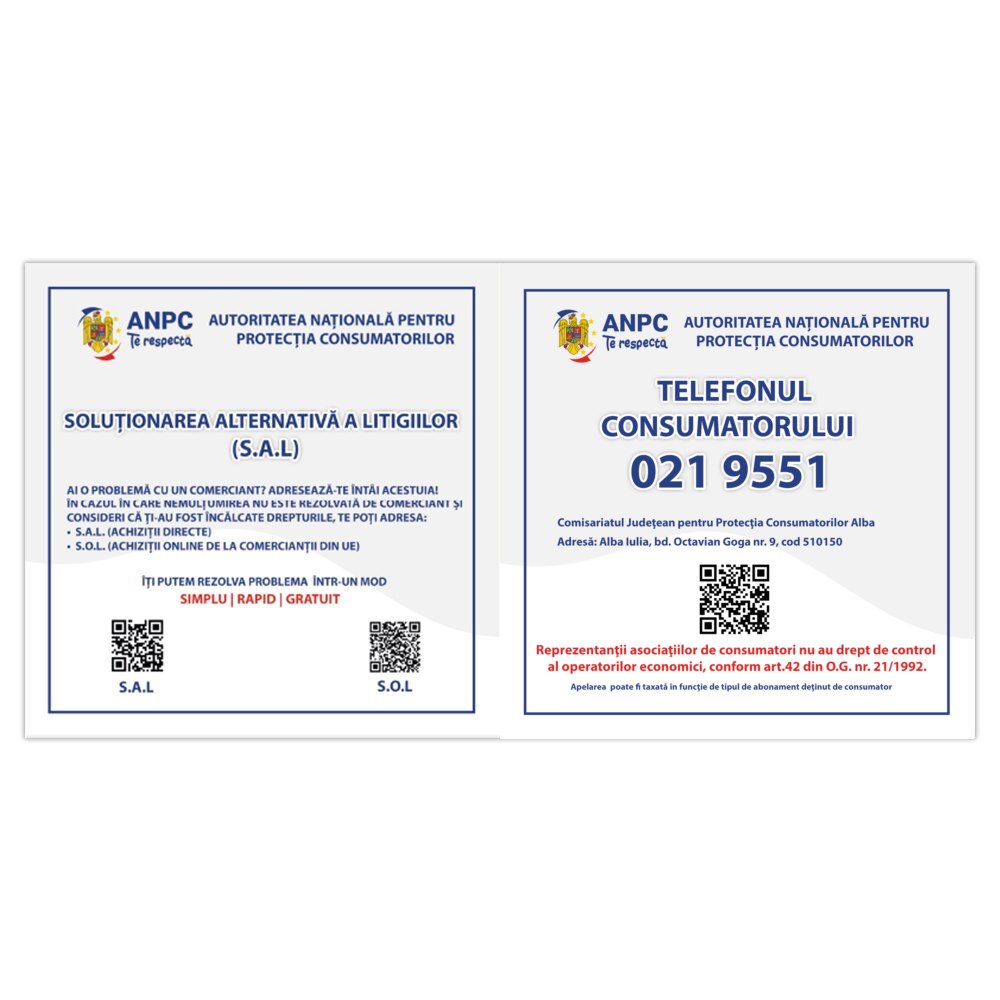 Placuta Obligatorie Combinata "SAL si Telefonul Consumatorului" — 40×20 cm - Alba