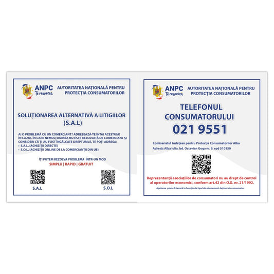 Placuta Obligatorie Combinata "SAL si Telefonul Consumatorului" — 40×20 cm - Alba