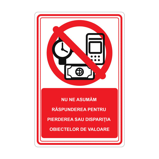 Indicator „Nu ne asumăm răspunderea pentru pierderea sau dispariția obiectelor de valoare”, placa PVC rigid 4 mm, 20 x 30 cm, Alb – imaginea 1