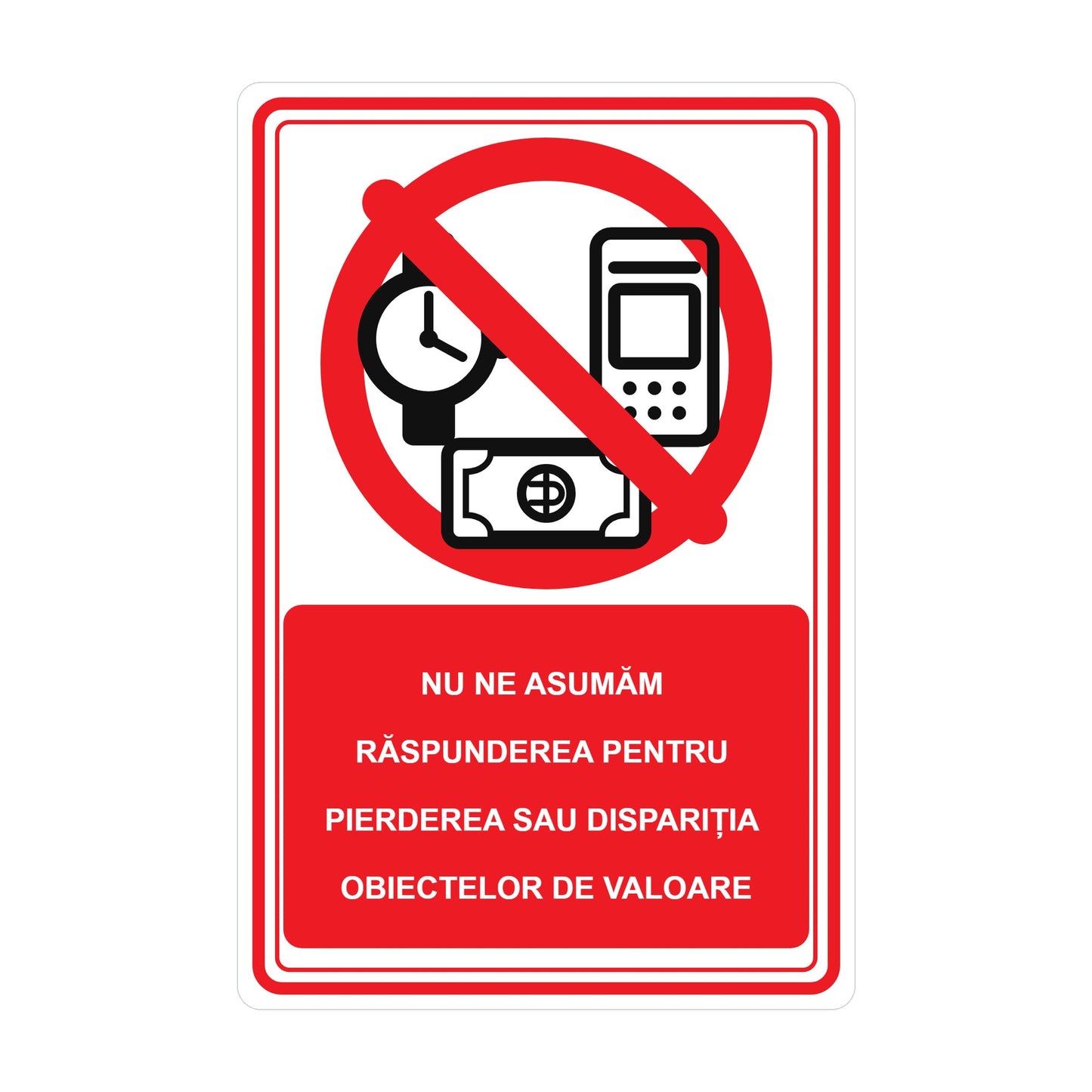 Set de 2 autocolante „Nu ne asumăm răspunderea pentru pierderea sau dispariția obiectelor de valoare”, PVC autoadeziv, 20 x 30 cm, Alb – imaginea 1