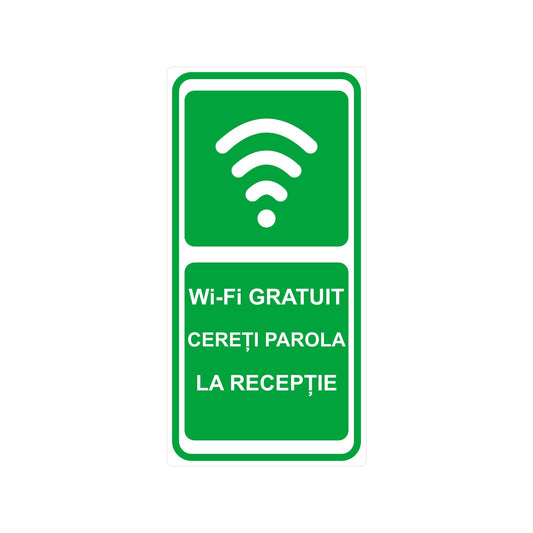 Sticker / Etichetă autocolantă „Wi-Fi gratuit – Cereți parola la recepție”, PVC impermeabil rezistent UV, 10 x 20 cm, Alb - imagine 1