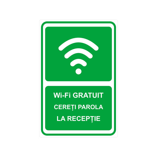 Sticker / Etichetă autocolantă „Wi-Fi gratuit – Cereți parola la recepție”, PVC impermeabil rezistent UV, 20 x 30 cm, Alb - imagine 1