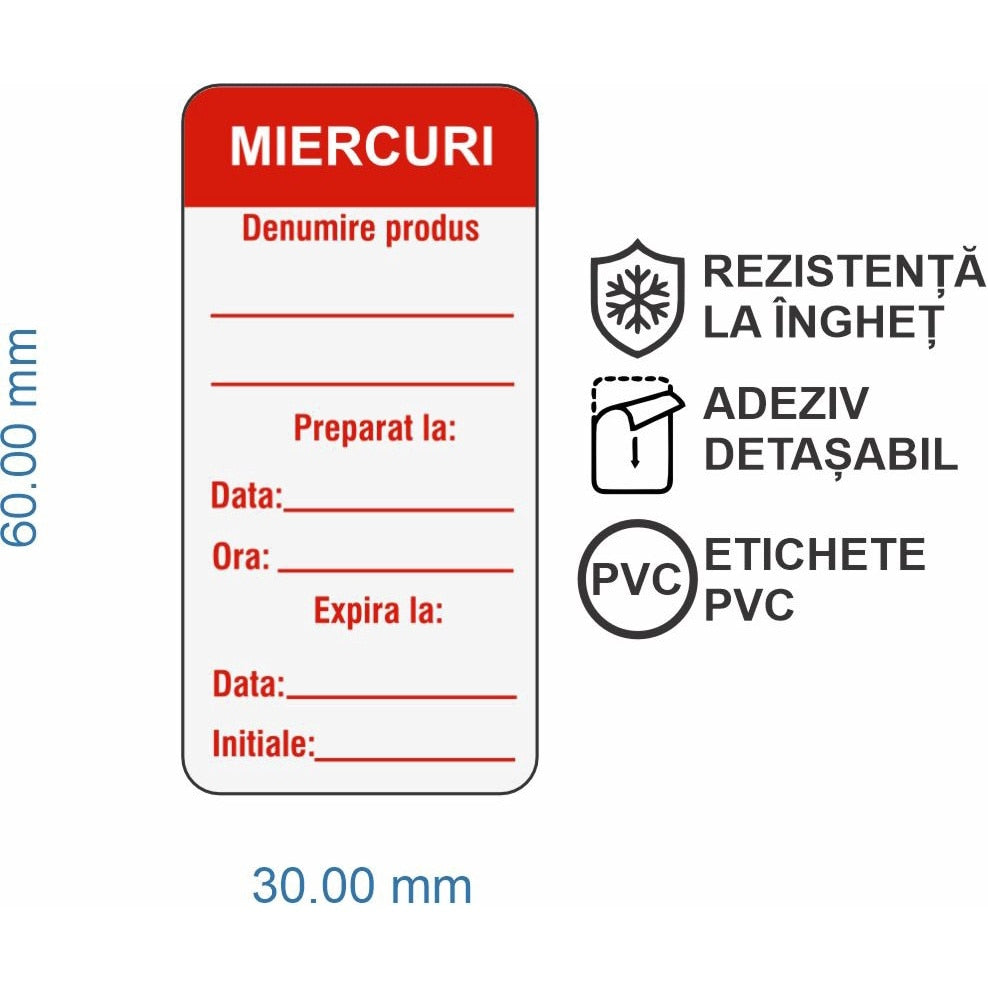 Set 500 Etichete HACCP "MIERCURI" — 3×6cm (removable)