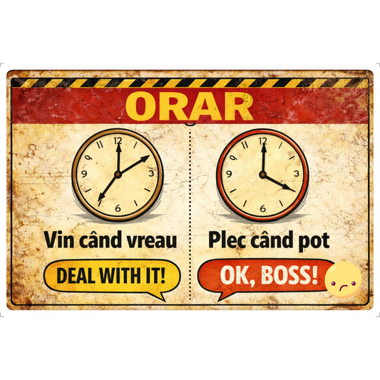 Panou Indicator PVC 4mm "Orar - Vin cand vreau, plec cand pot" — 20×30cm
