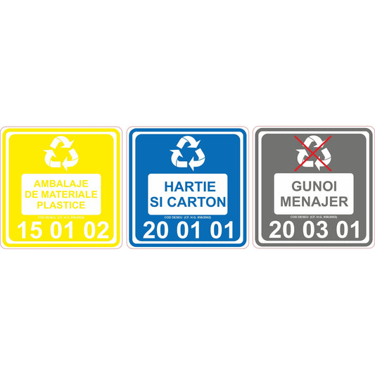 Set 6 Etichete "SET COMPLET RECICLARE - hartie / plastic / menajer" — 10×10cm