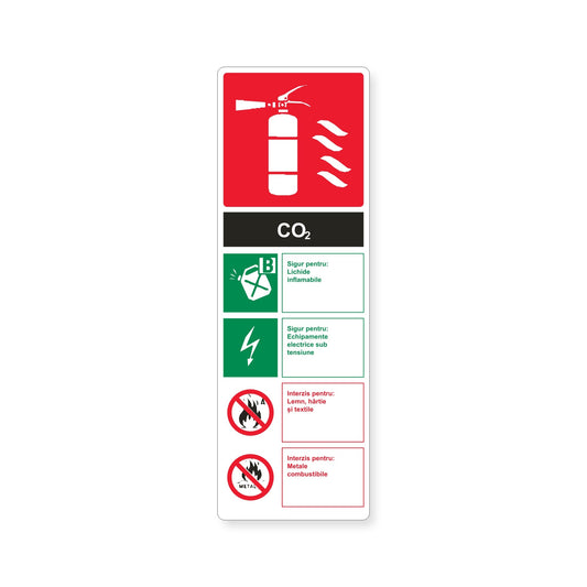Autocolant cu instrucțiuni pentru stingătorul CO₂, PVC autoadeziv, 10 x 30 cm, Alb