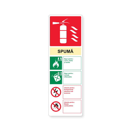Autocolant cu instrucțiuni pentru stingătorul cu spumă, PVC autoadeziv, 10 x 30 cm, Alb