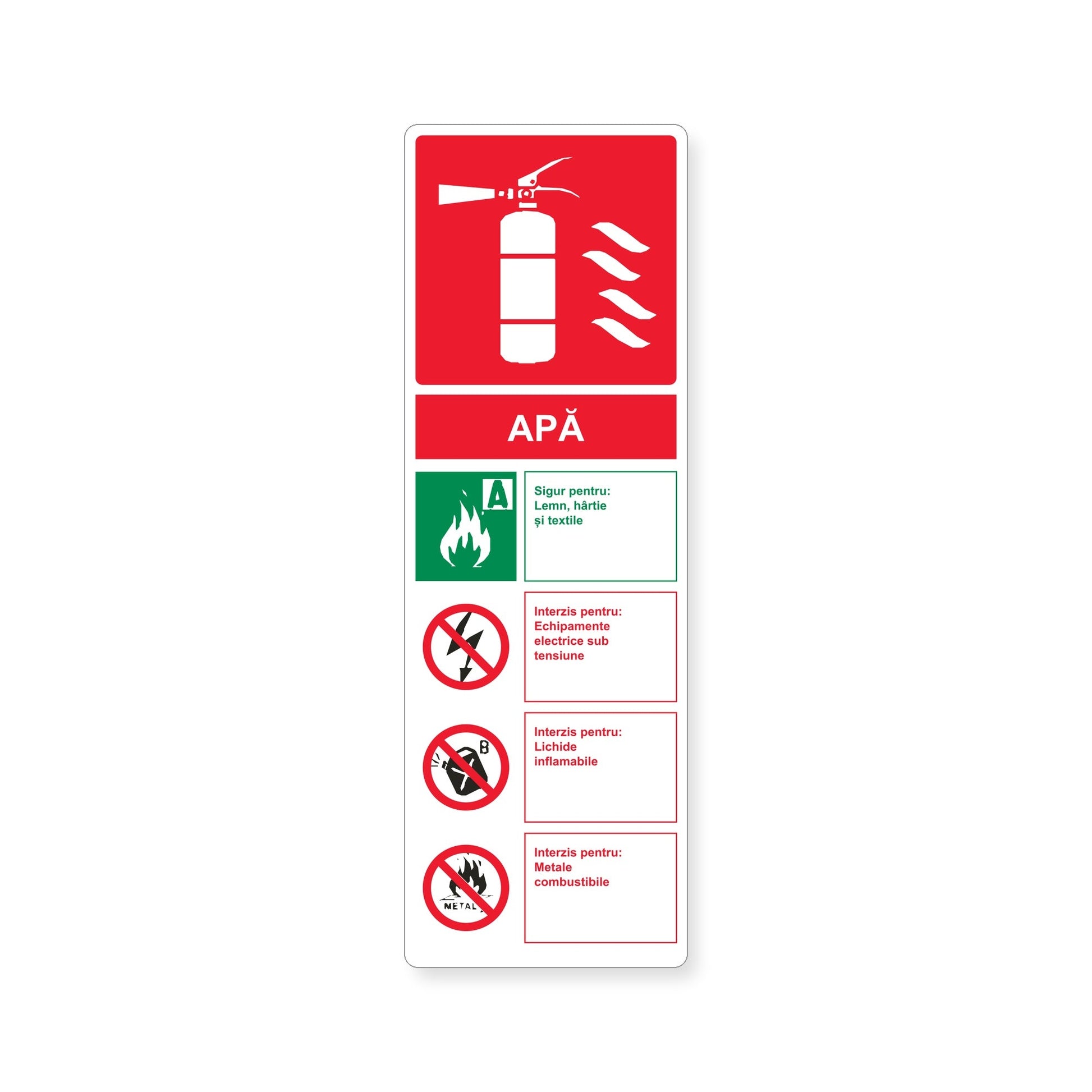 Autocolant cu instrucțiuni pentru stingătorul cu apă, PVC autoadeziv, 10 x 30 cm, Alb