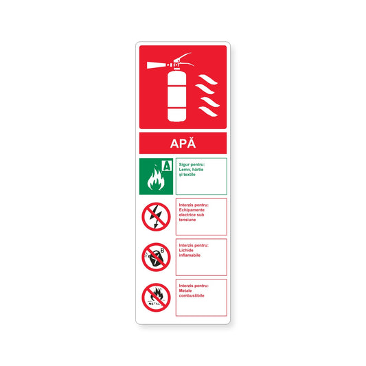 Autocolant cu instrucțiuni pentru stingătorul cu apă, PVC autoadeziv, 10 x 30 cm, Alb