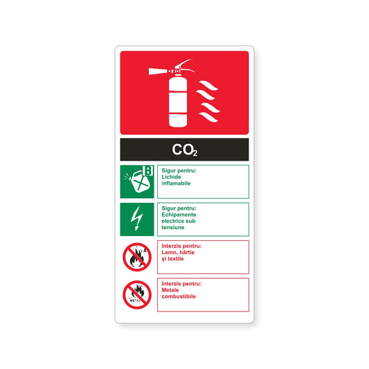 Autocolant cu instrucțiuni pentru stingătorul CO₂, PVC autoadeziv, 20 x 40 cm, Alb