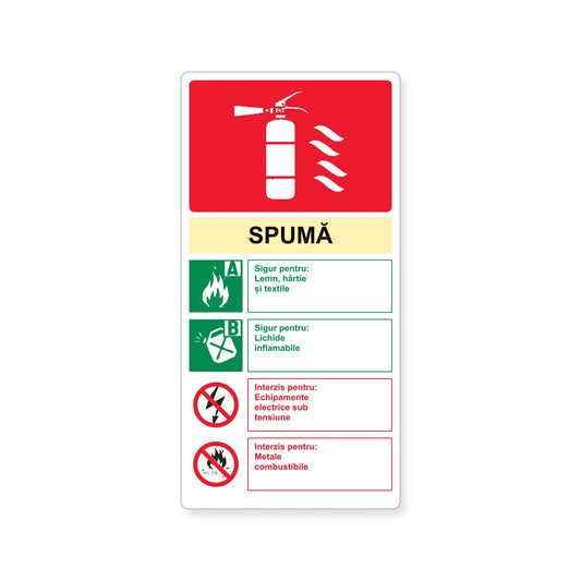 Autocolant cu instrucțiuni pentru stingătorul cu spumă, PVC autoadeziv, 20 x 40 cm, Alb