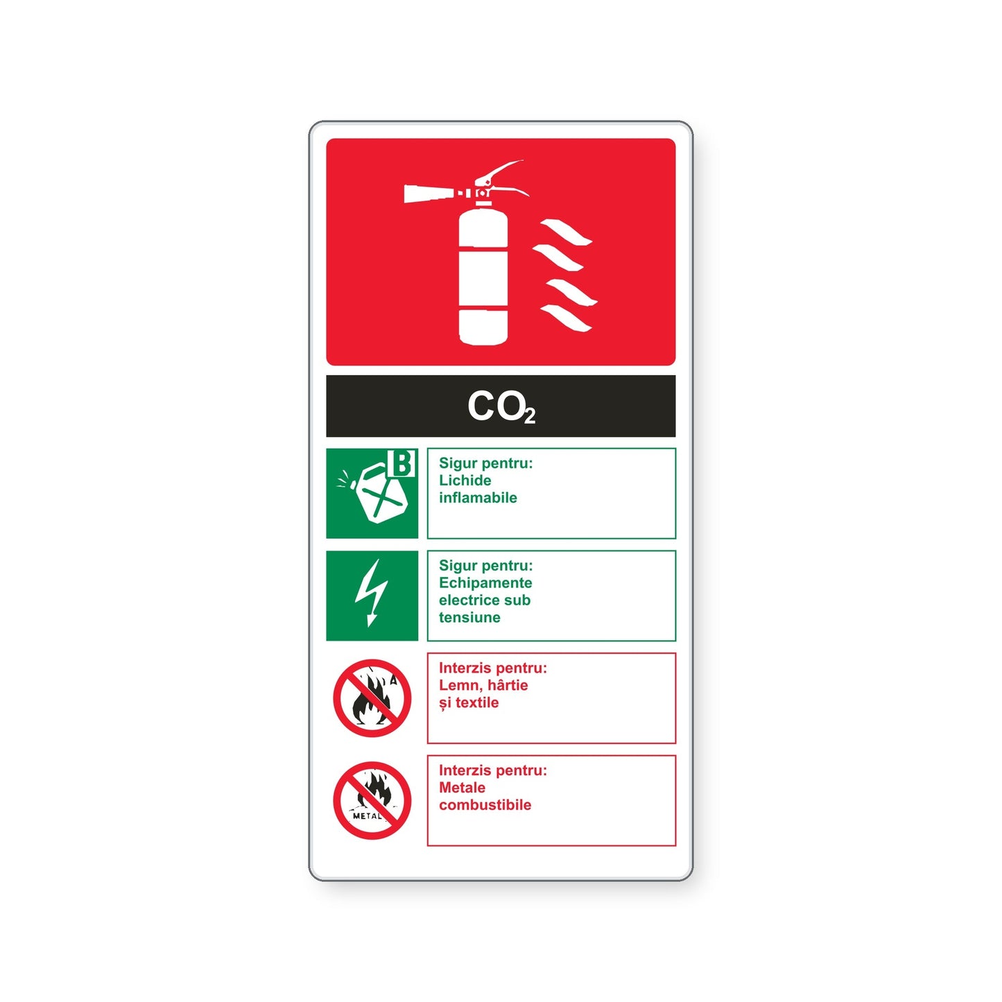 Indicator cu instrucțiuni pentru stingătorul CO₂, PVC rigid 4 mm, 20 x 40 cm, Alb