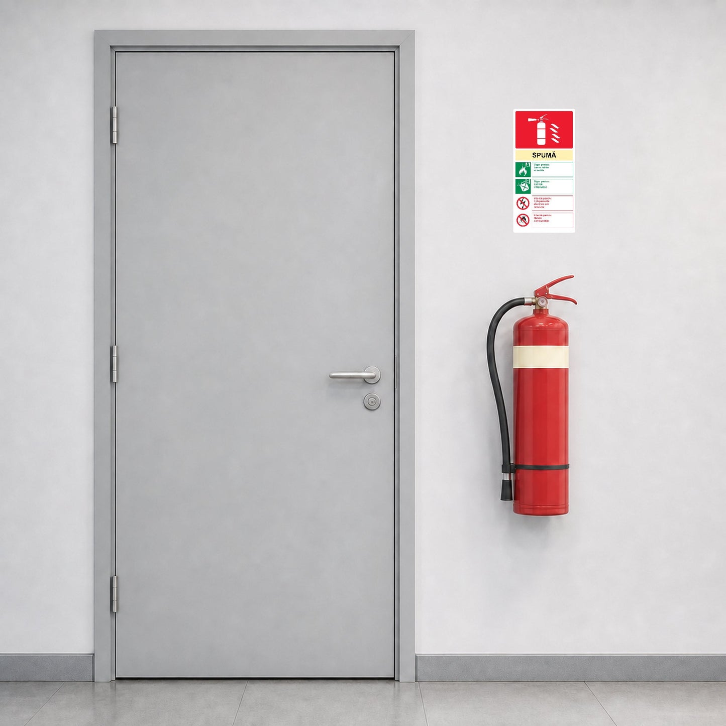 Autocolant cu instrucțiuni pentru stingătorul cu spumă, PVC autoadeziv, 20 x 40 cm, Alb
