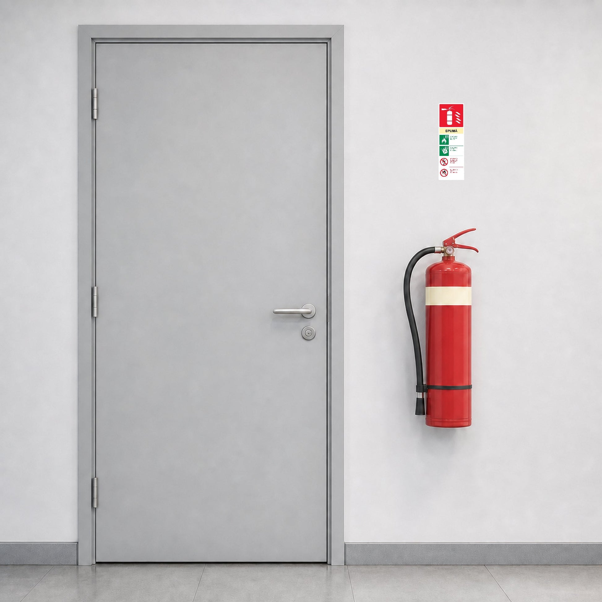 Autocolant cu instrucțiuni pentru stingătorul cu spumă, PVC autoadeziv, 10 x 30 cm, Alb